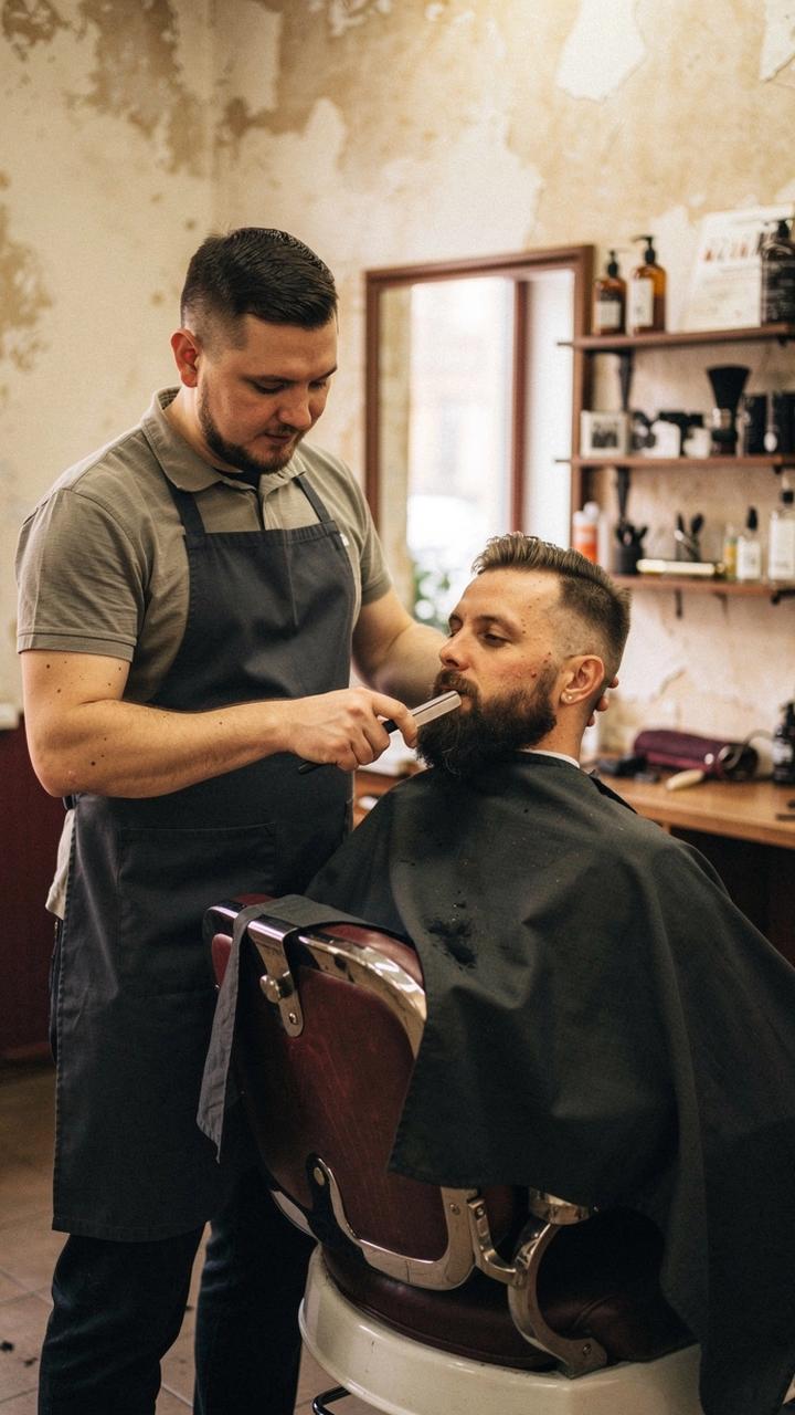 Barber shaping a client's beard beside a studio chair in Podil, Kyiv
